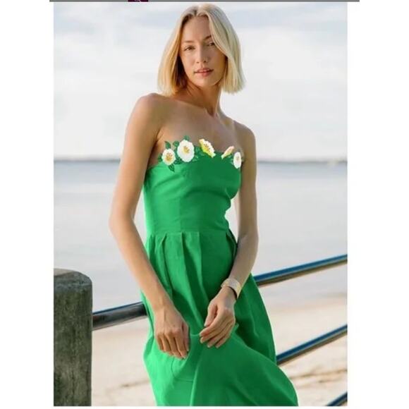 Fanm Mon Dresses & Skirts - Fanm Mon Lorr Linen Strapless Sundress Floral Midi Dress, S, Green | NEW $360